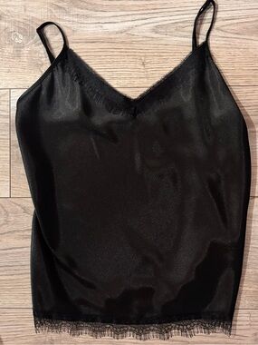 Black Satin Lace Trim Cami Tank Top NWT Size M
